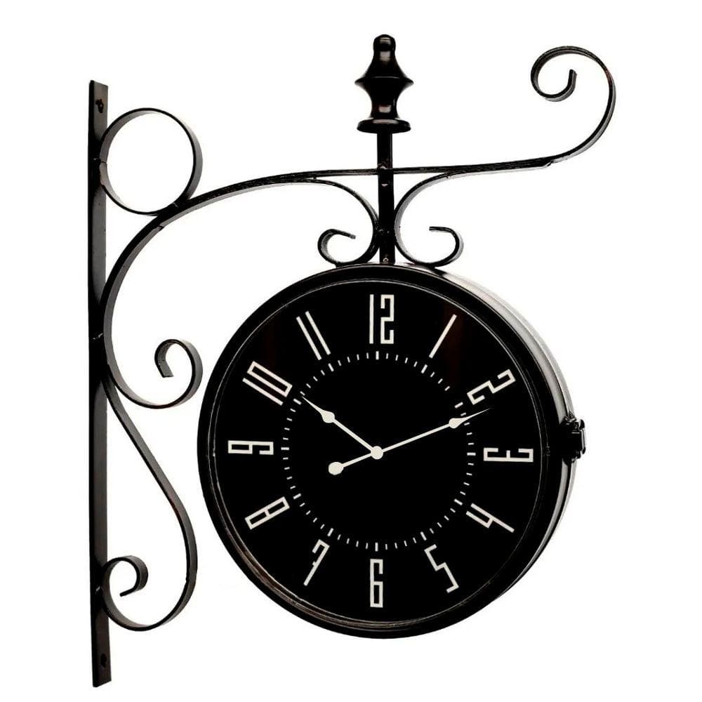 Relógio Estação Dupla Face Retrô Preto Em Metal