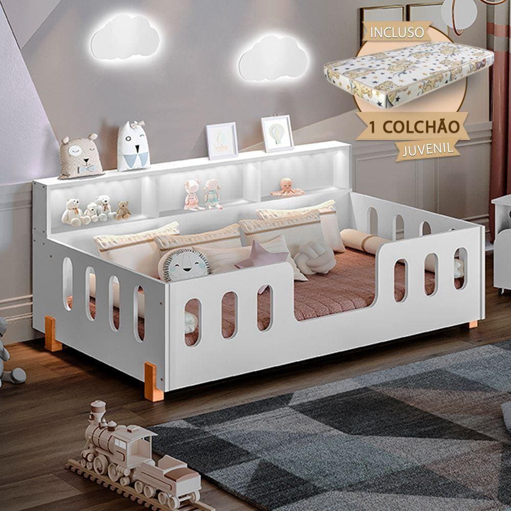 Cama Infantil Montessoriana Com Colchão Juvenil Led E Nicho Nina - Branca - Branco