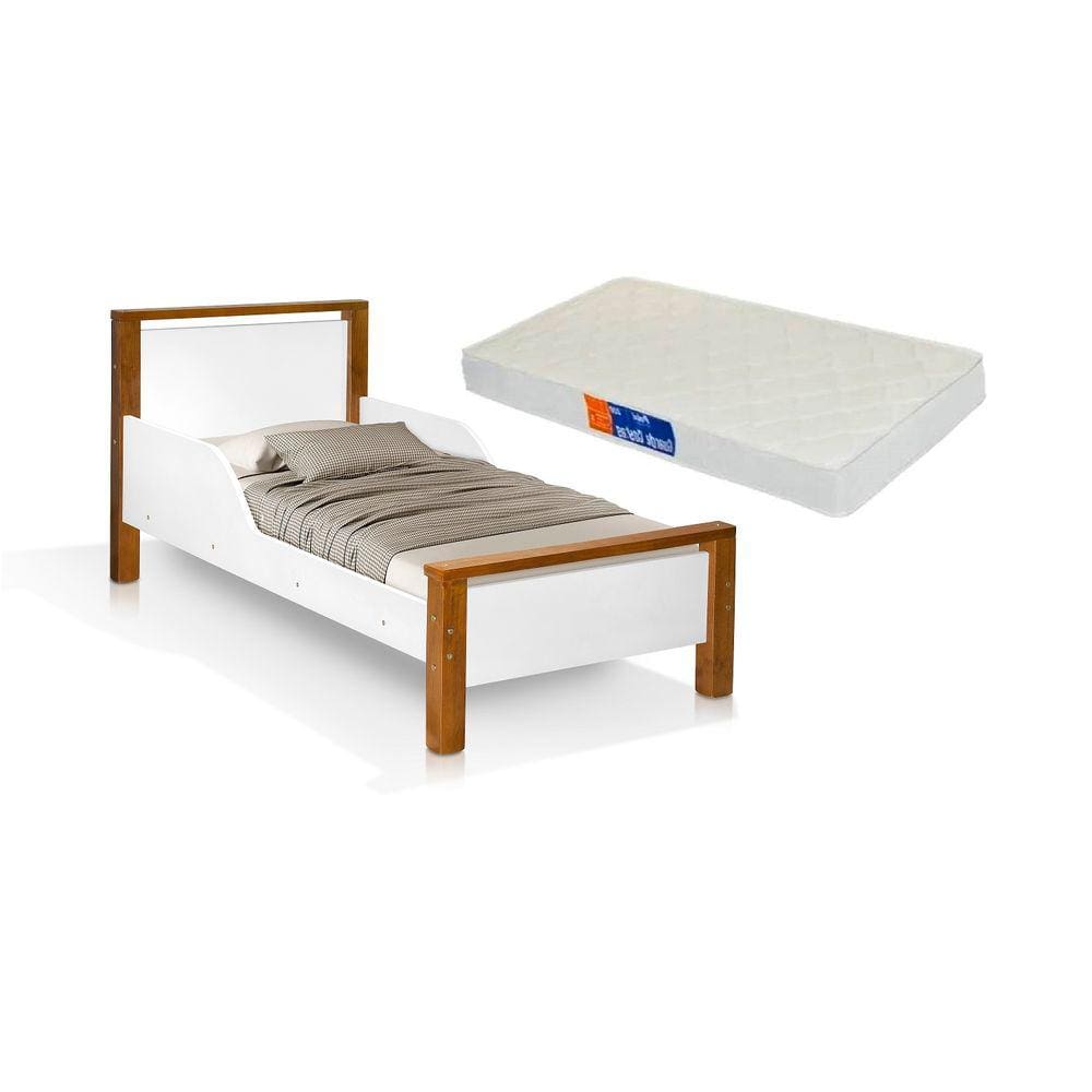 cama juvenil branco marrom com colchão mdf e pés de madeira com colchão