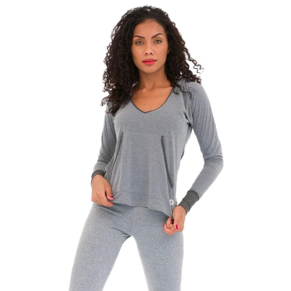 Camiseta Feminina Manga Longa Cinza Mescla Canguru