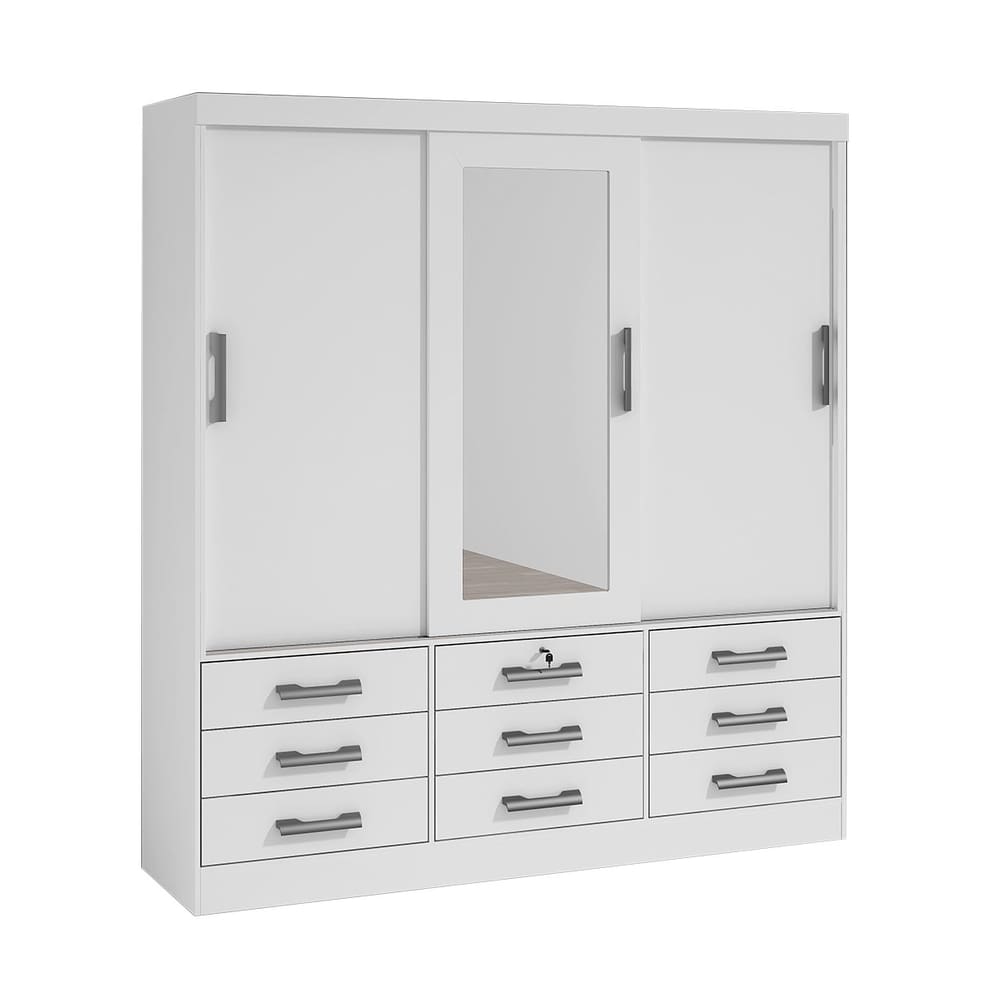 Guarda-Roupas 3 Portas 9 Gavetas Com Espelho Meridian Branco