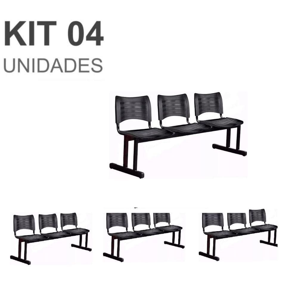 Kit 04 Cadeiras Longarinas PLÁSTICAS 03 Lugares – Cor PRETA – 23020