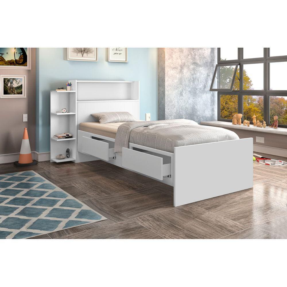 cama solteira com bau mais gavetas na cor branca