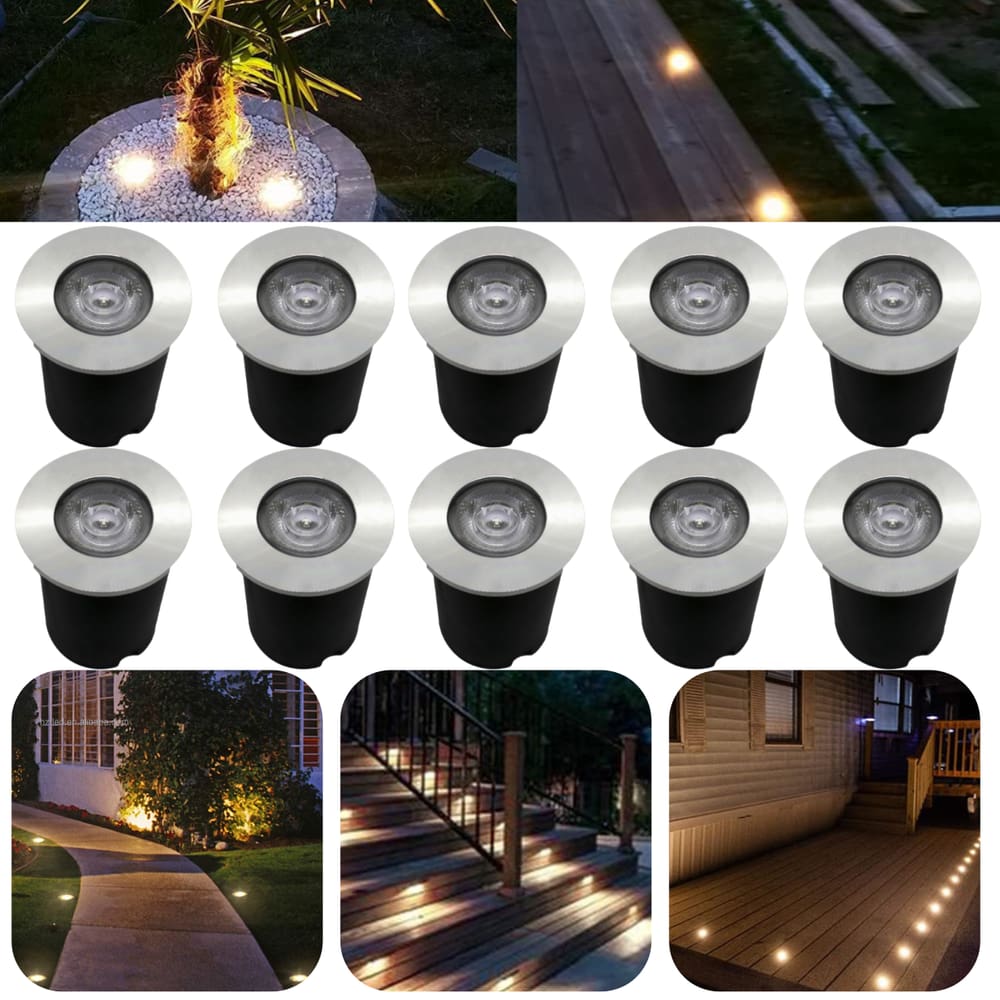 Kit 10 Luminárias Balizadores Spot Led SMD Em PVC De 1W Luz Branco Quente De Embutir Em Piso Chão Solo Gramado Jardim