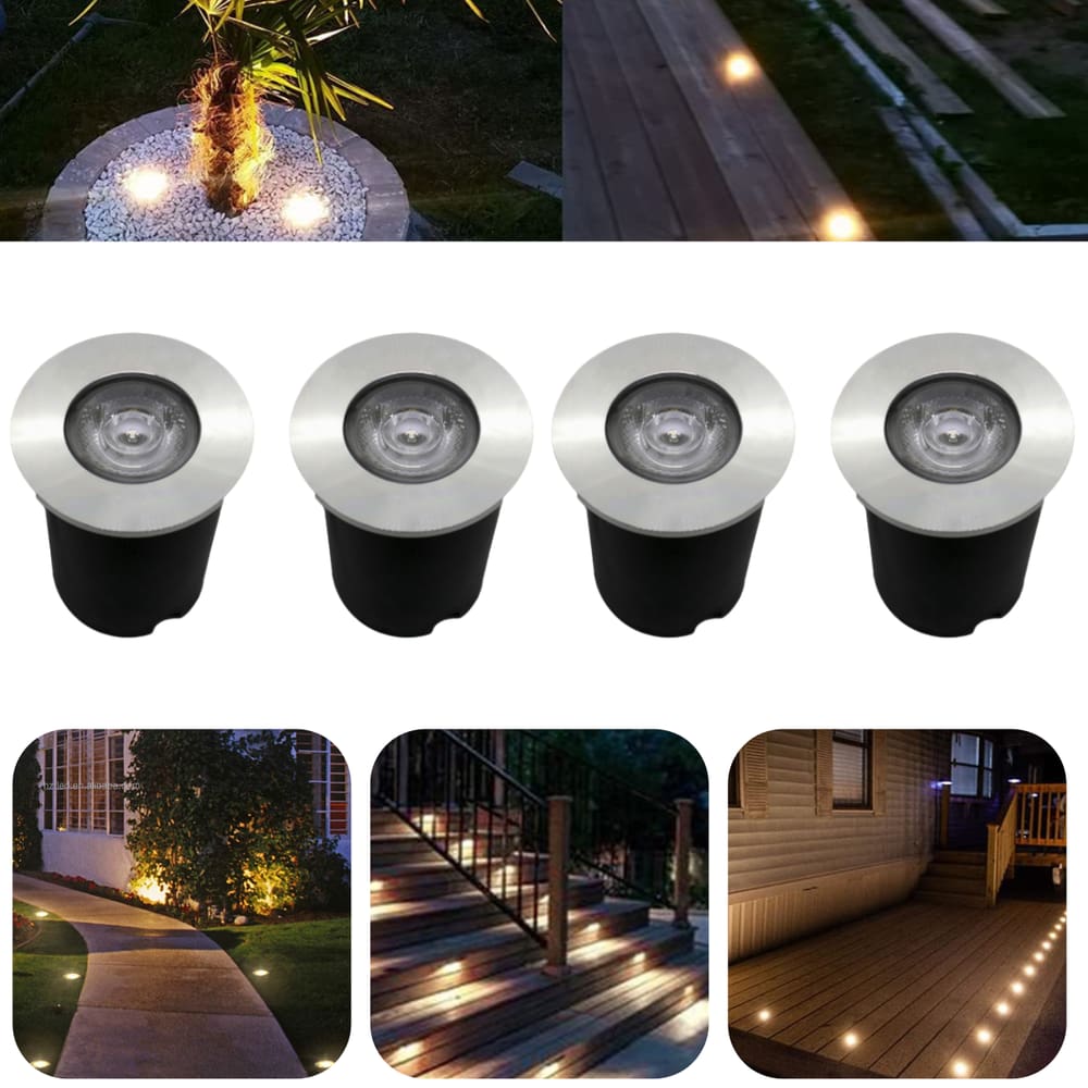 Kit 4 Luminárias Balizadores Spot Led SMD Em PVC De 1W Luz Branco Quente De Embutir Em Piso Chão Solo Gramado Jardim