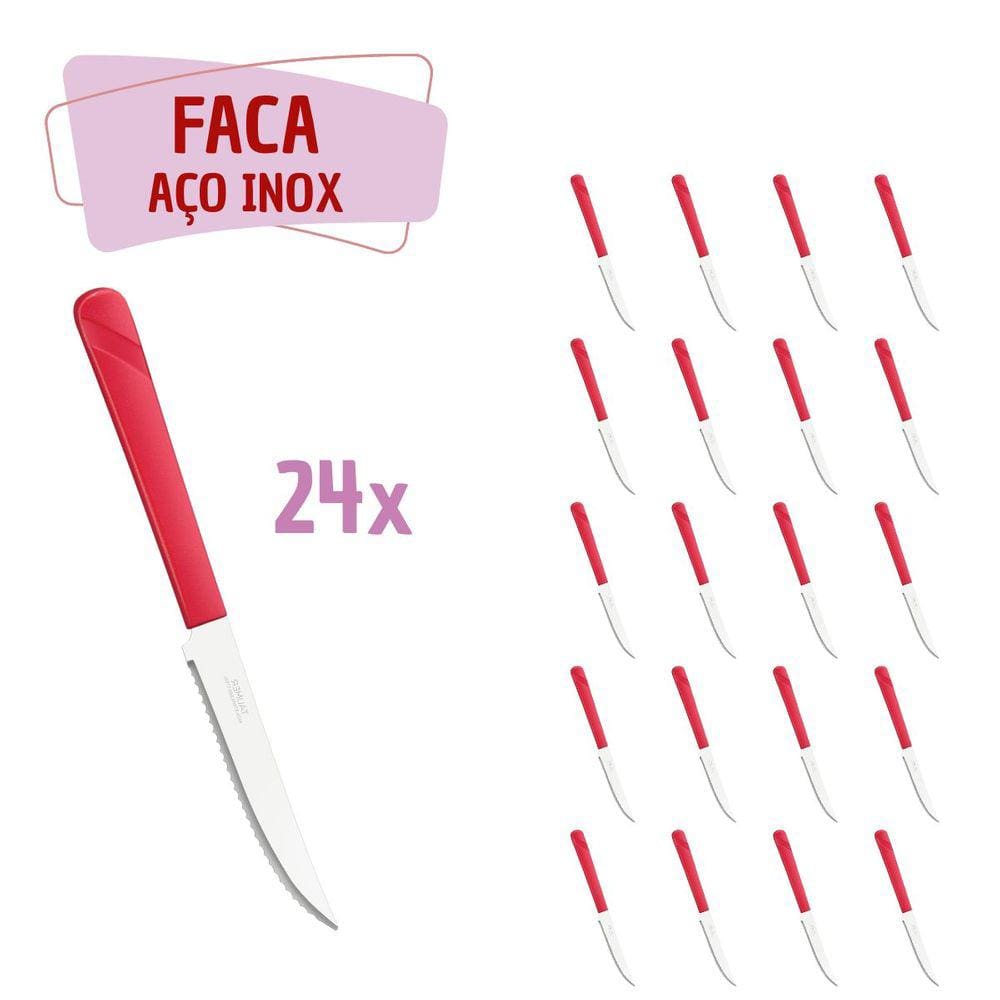 24 Facas Vermelho Aço Inox Plástico Luna Casa Almoço