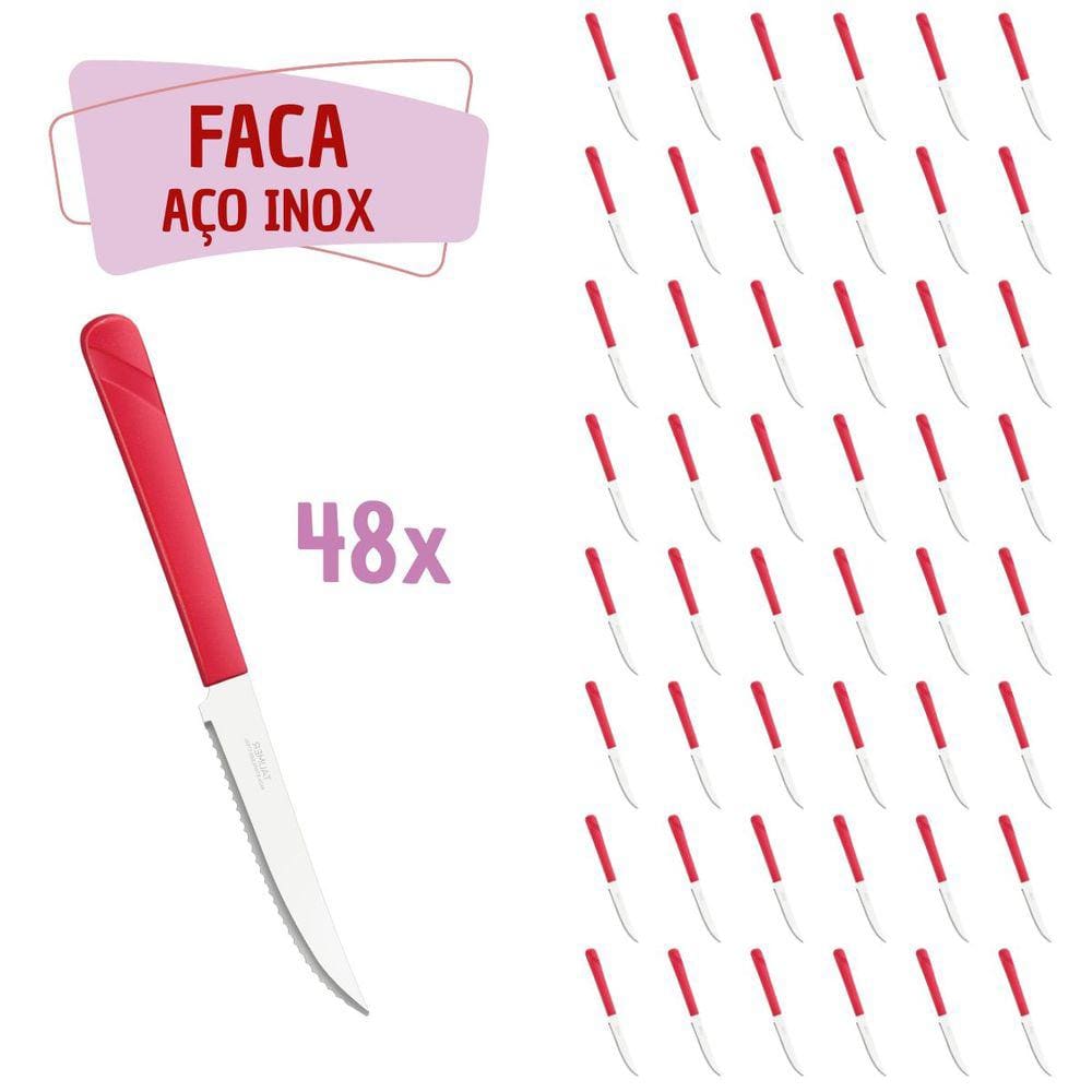 48 Facas Vermelho Aço Inox Plástico Luna Casa Almoço