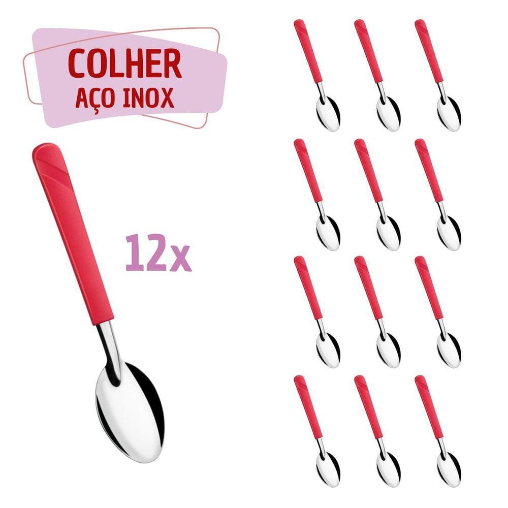 12 Colheres de Sopa Vermelho Aço Inox Plástico Luna Casa