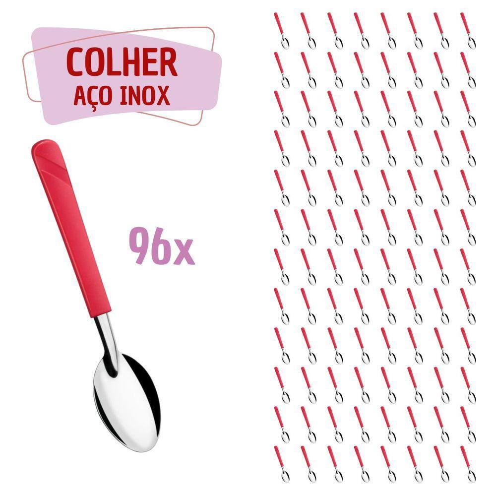 96 Colheres de Sopa Vermelho Aço Inox Plástico Luna Casa