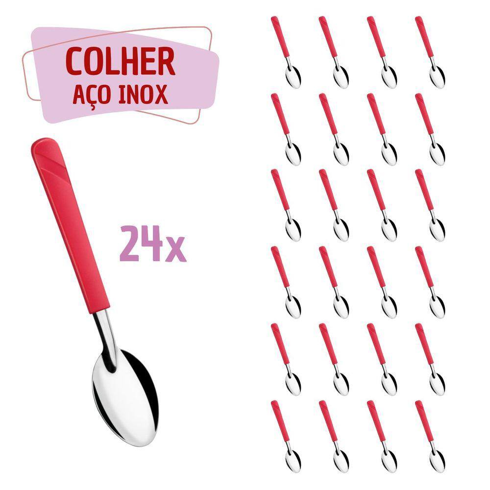 24 Colheres de Sopa Vermelho Aço Inox Plástico Luna Casa