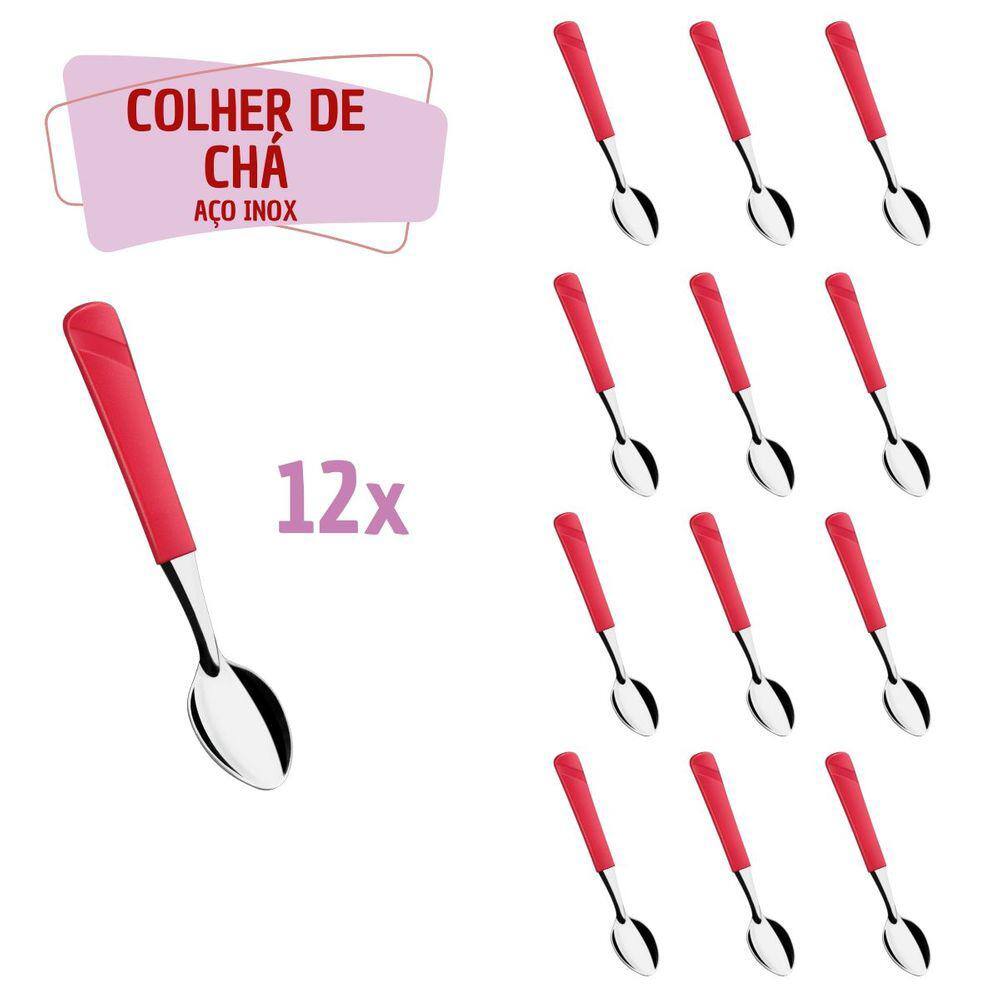 12 Colher de de Chá Vermelho Aço Inox Plástico Luna Casa