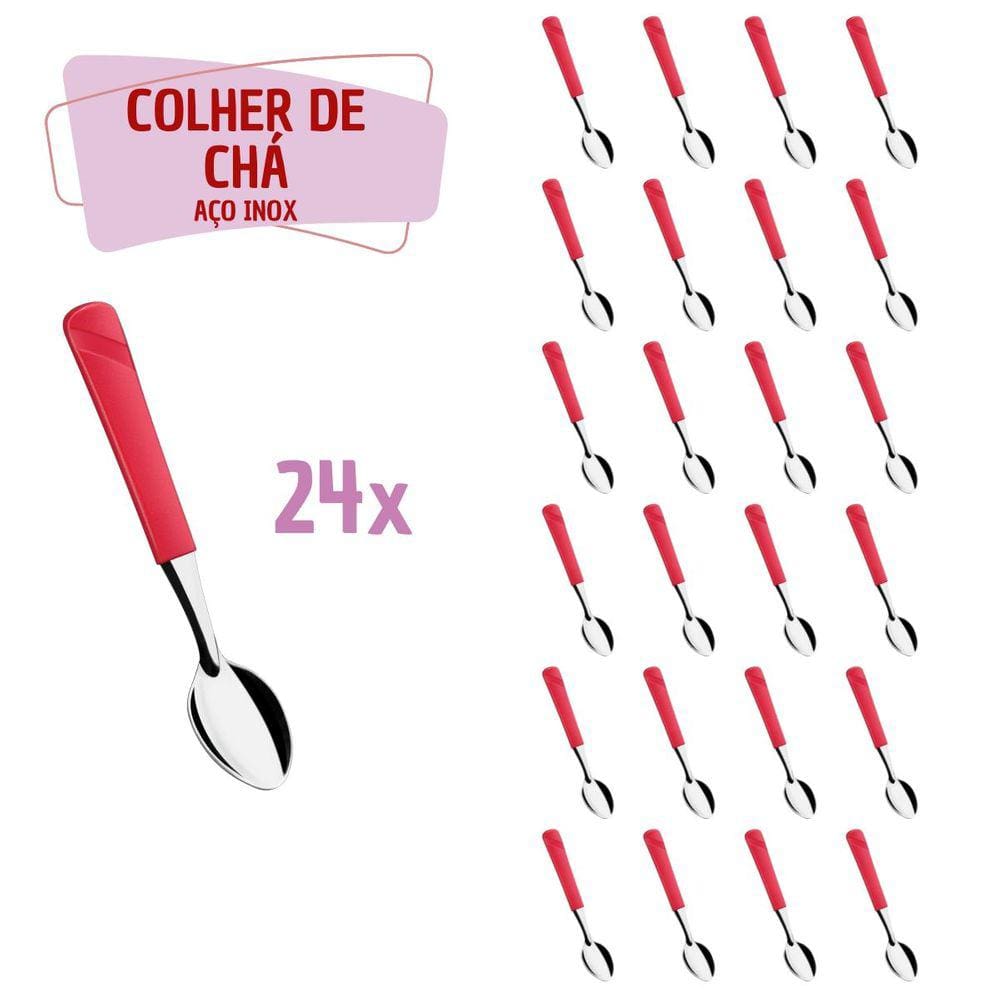 24 Colher de de Chá Vermelho Aço Inox Plástico Luna Casa