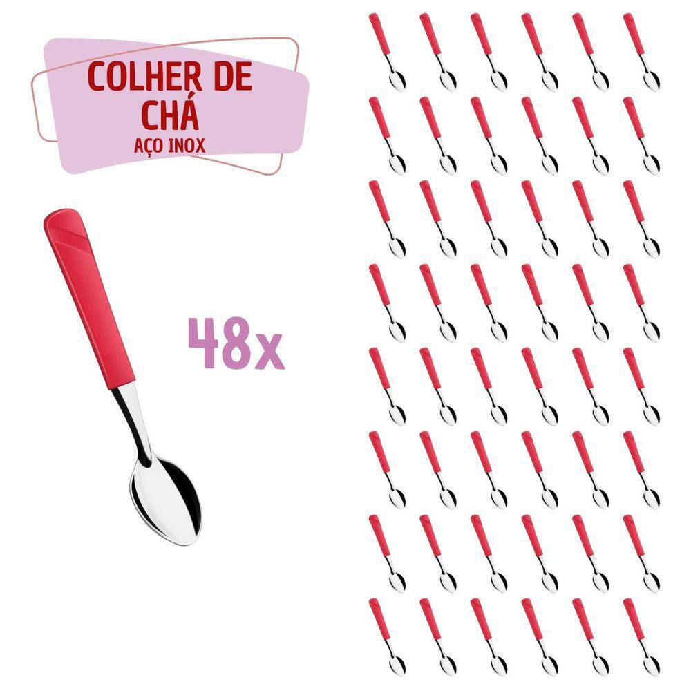 48 Colher de de Chá Vermelho Aço Inox Plástico Luna Casa