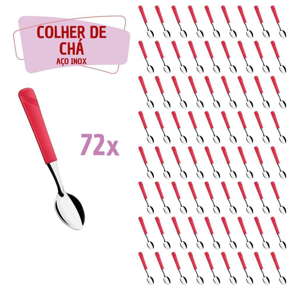 72 Colher de de Chá Vermelho Aço Inox Plástico Luna Casa
