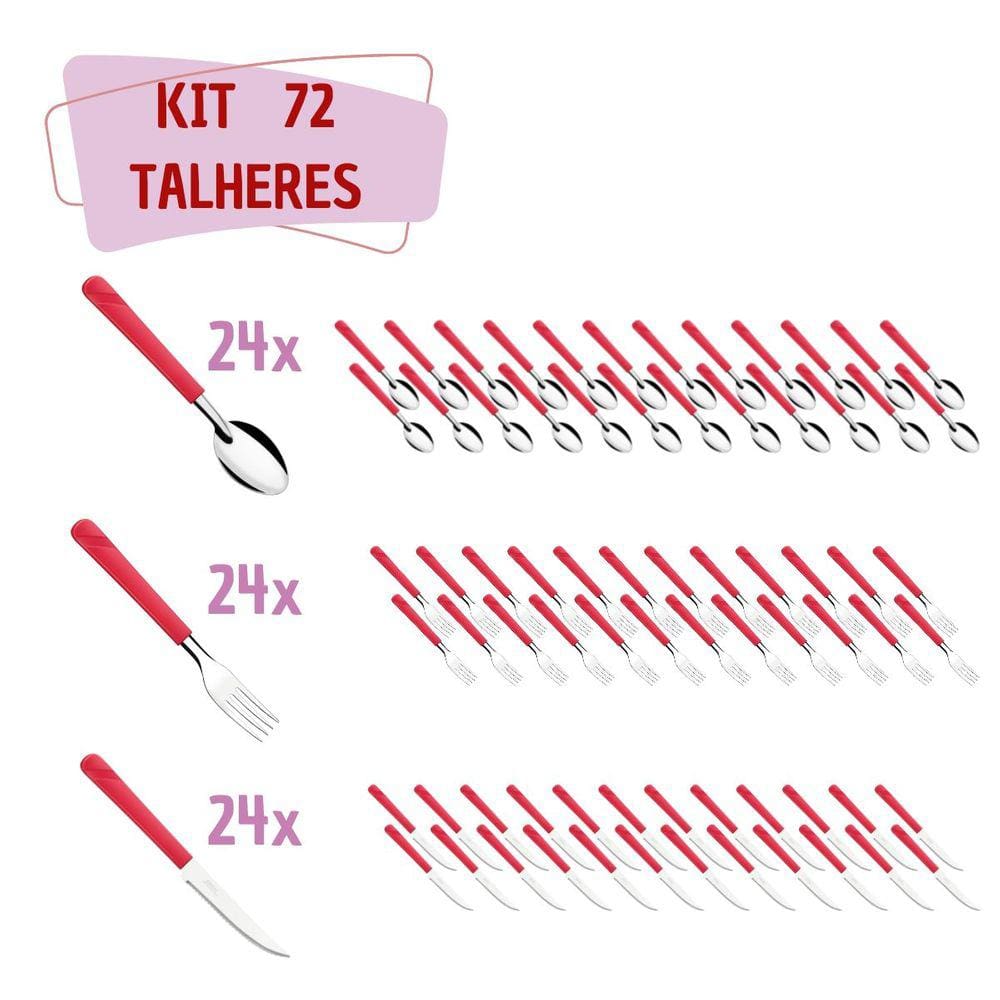 72 Peças Talheres Faca Colher Garfo Aço Inox Vermelho Luna