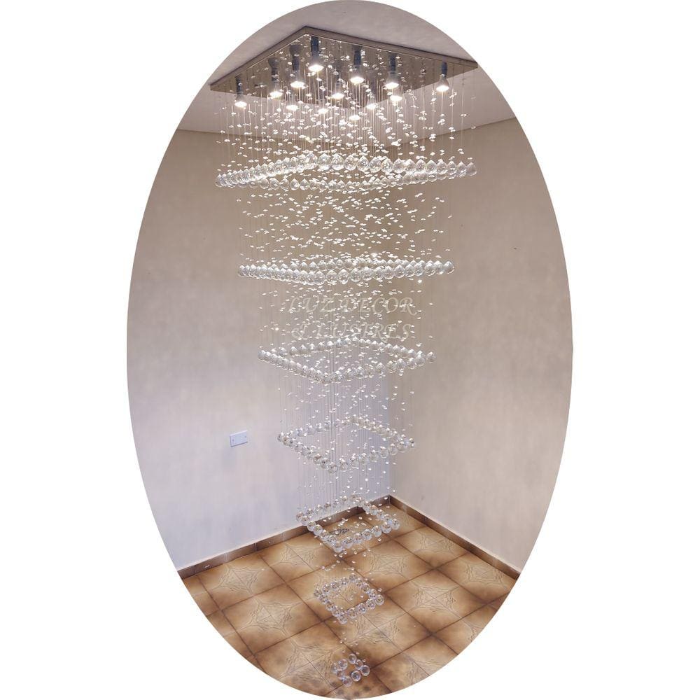 Lustre De Cristal Base Inox 80x80cm Para Pé Direito Duplo