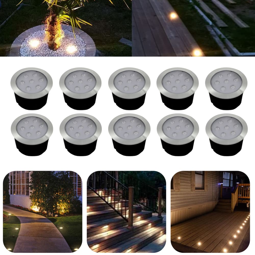 10 Luminárias Balizadores Spot Led SMD Em PVC De 7W Luz Branco Quente De Embutir Em Piso Chão Solo Gramado Jardim Escada