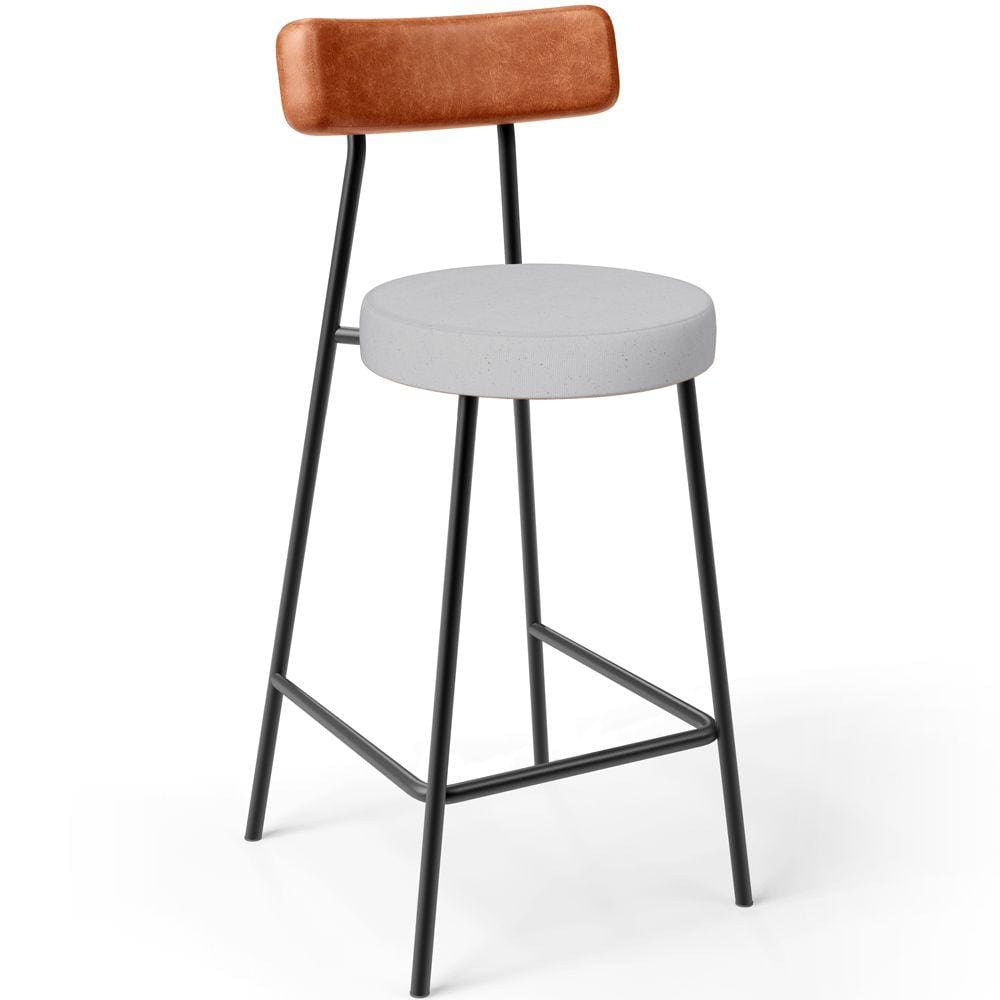 Banqueta Baixa Bar Cozinha Sala De Jantar Milão L02 Couríssimo Camel Linho Cinza  -LyamDecor