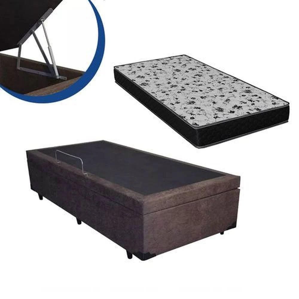 Cama Box Baú Solteiro Conforto Sintético Marrom + Colchão Solteiro Conforto Espuma D23 Com EPS 14x88x188
