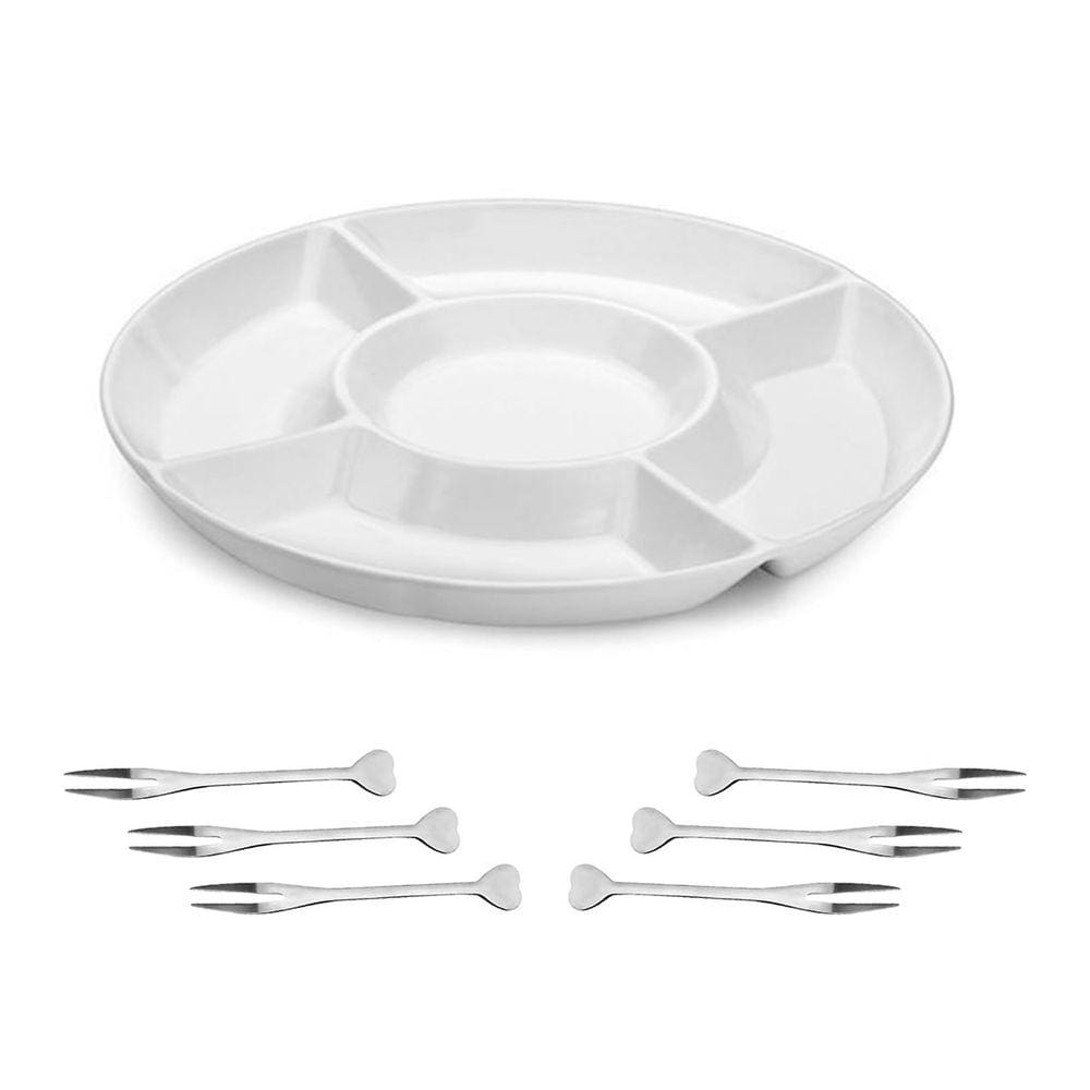 Kit 7Pçs Petisqueira 5 Divisões Melamina Branco Tabua Frios