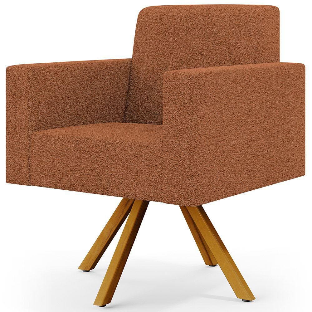 Poltrona Giratória Sala de Estar Base de Madeira Helô L02 Bouclê Terracota - Lyam Decor
