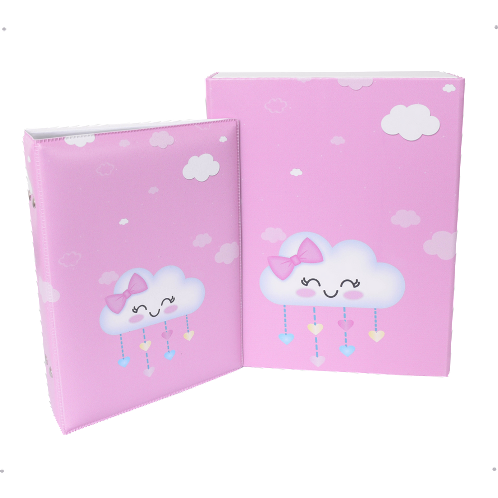 Estojo Imantado com Álbum para 100 Fotos 15x21 - CHUVA DE AMOR ROSA Bebê Menina Infantil Newborn Nuvem