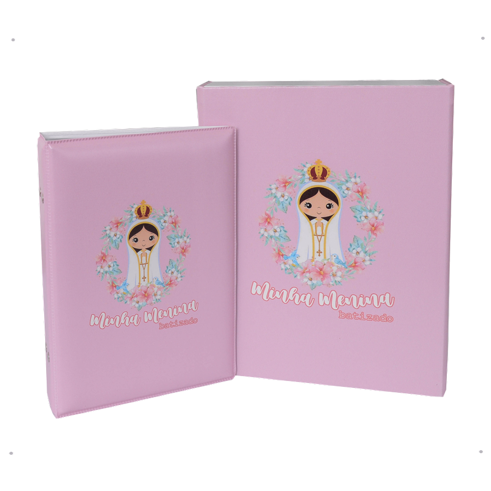 Estojo Imantado com Álbum para 100 Fotos 15x21 - BATIZADO ROSA Bebê Menina Batismo Anjinho Santinha