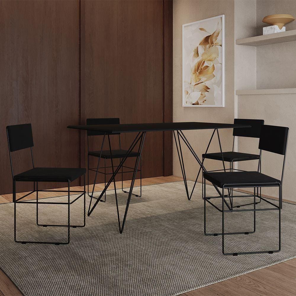 Mesa Jantar Industrial Trama 1,40X0,80M Preta Com 4 Cadeiras Estofadas Vitória Preta