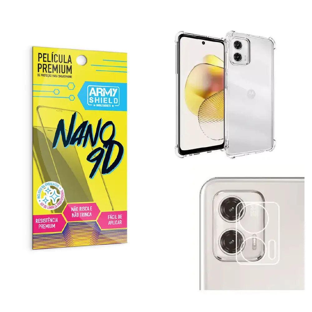 Kit Capinha Moto G73 + Película de Câmera + Película 9D Indestrutível Armyshield