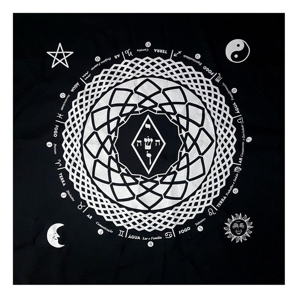 Toalha para Tarô Elemental Seda Preto e Prata 4 Elementos