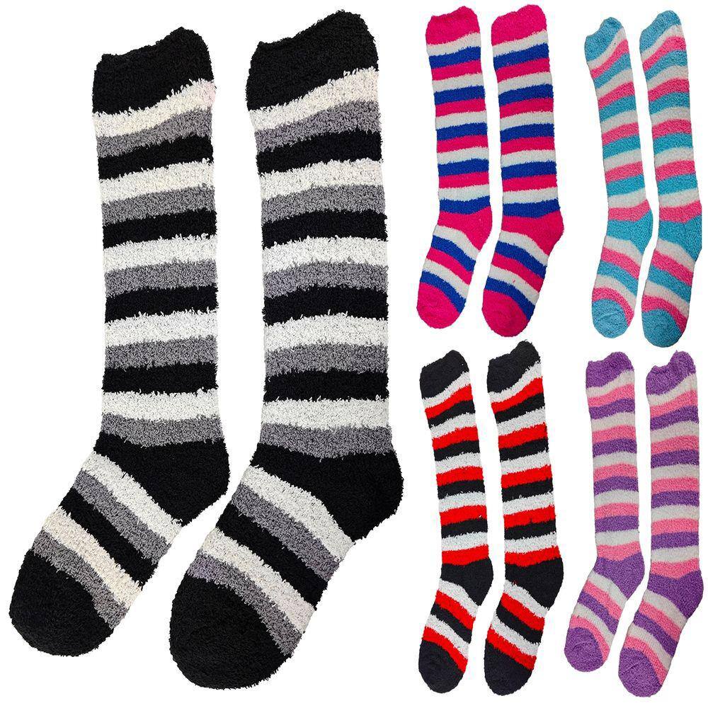 Kit 6 Pares Meias Pelúcia Feminino Adulto 3/4 Longa Inverno Quente Proteção Frio Listras