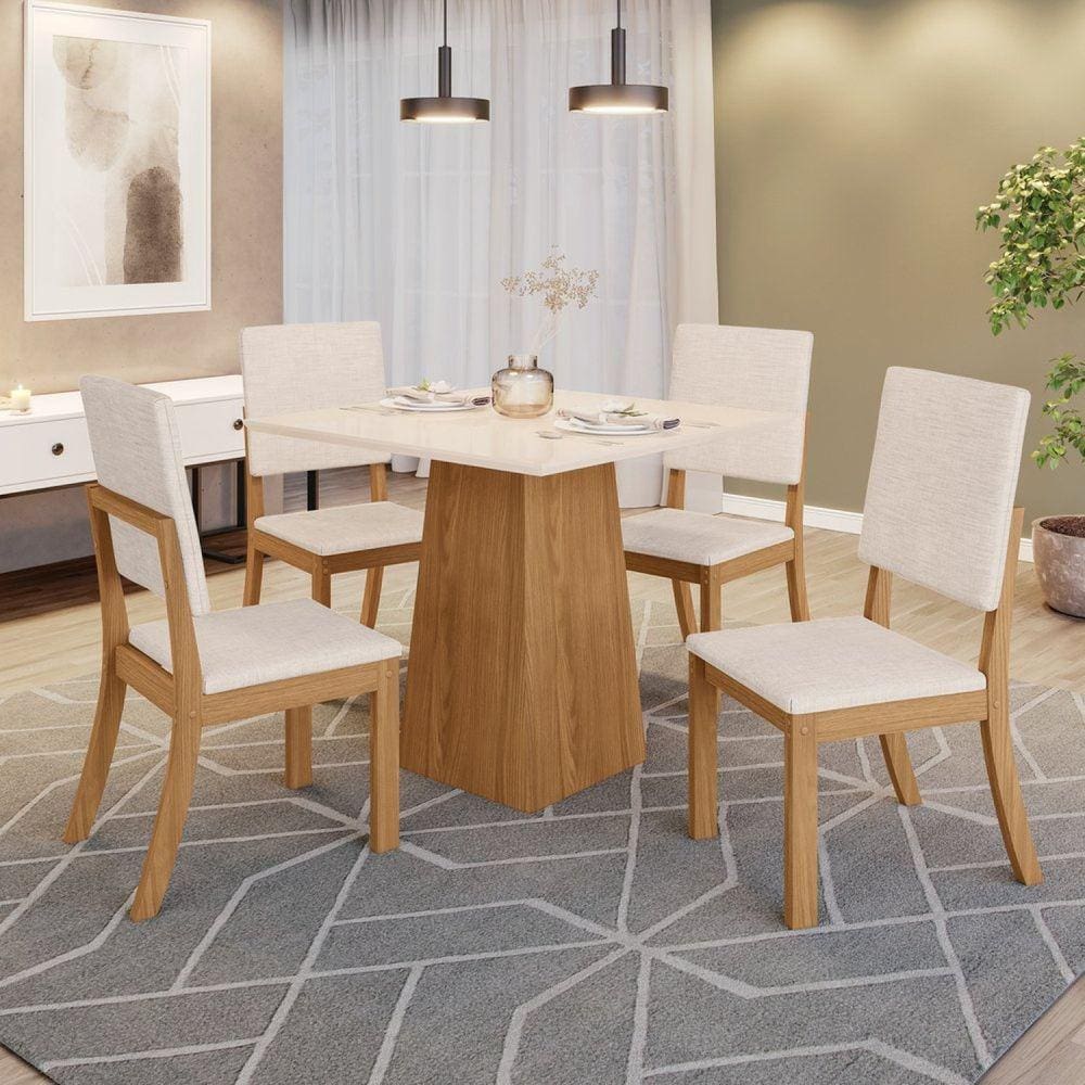 Conjunto Sala de Jantar Tampo MDF 4 Cadeiras Kaia Marrom/Off White/Linho