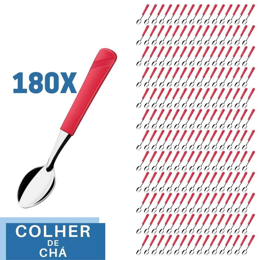 Jogo 180 Colher de Chá Aço Inox Plástico Vermelho Luna