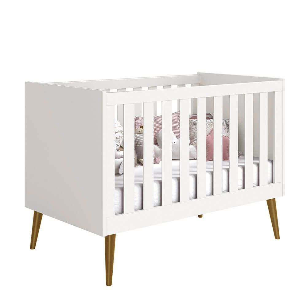 Kit Quarto Infantil Noah Branco Fosco com Pés em Madeira Retrô – Berço Mini Cama + Cômoda
