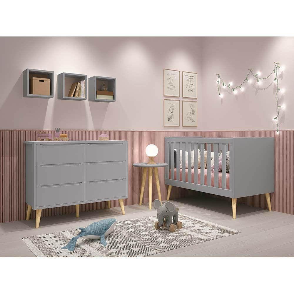 Kit Quarto Infantil Theo Cinza Fosco - Berço + Cômoda