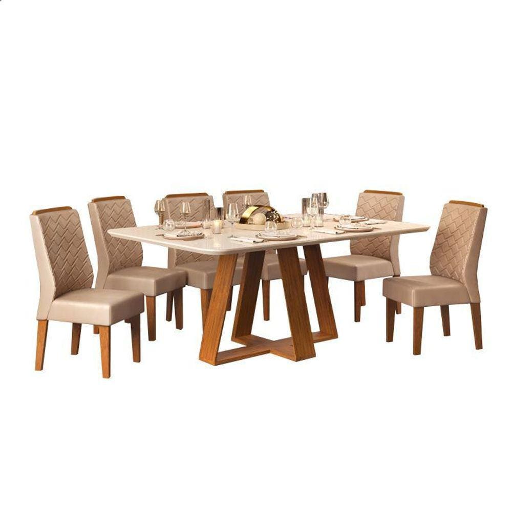 Sala de Jantar Mesa Flora Freijó/Off White c/ 6 Cadeiras Lis Freijó/Kraft - FdECOR