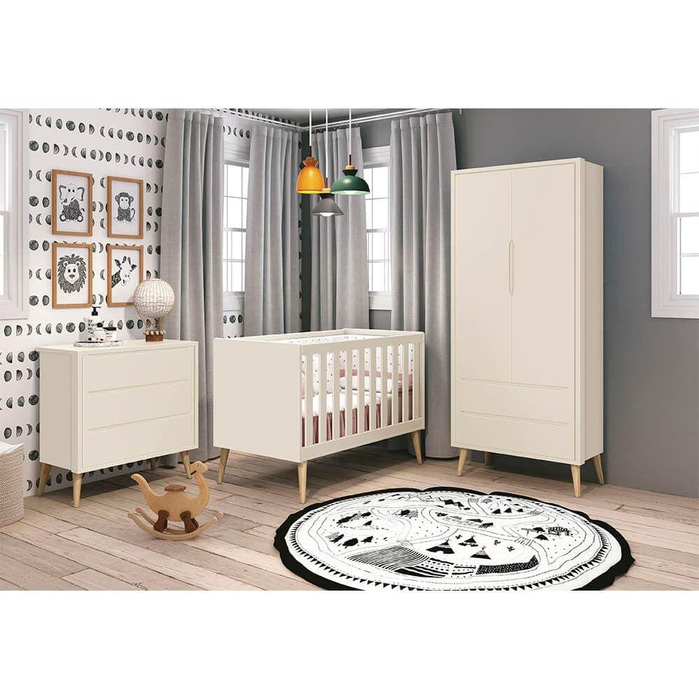 Kit Quarto Infantil Theo Retrô Areia – Cômoda 3 Gavetas + Guarda-Roupa 2 Portas com Pés em Madeira Natural + Berço