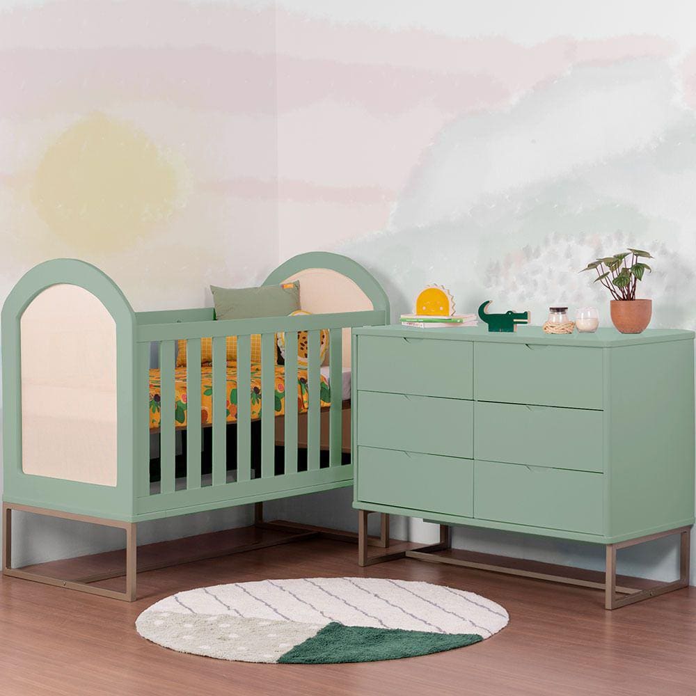 Kit Quarto Infantil Botânico – Cômoda A+A 6 Gavetas Pé Industrial + Berço Arco Pé Industrial