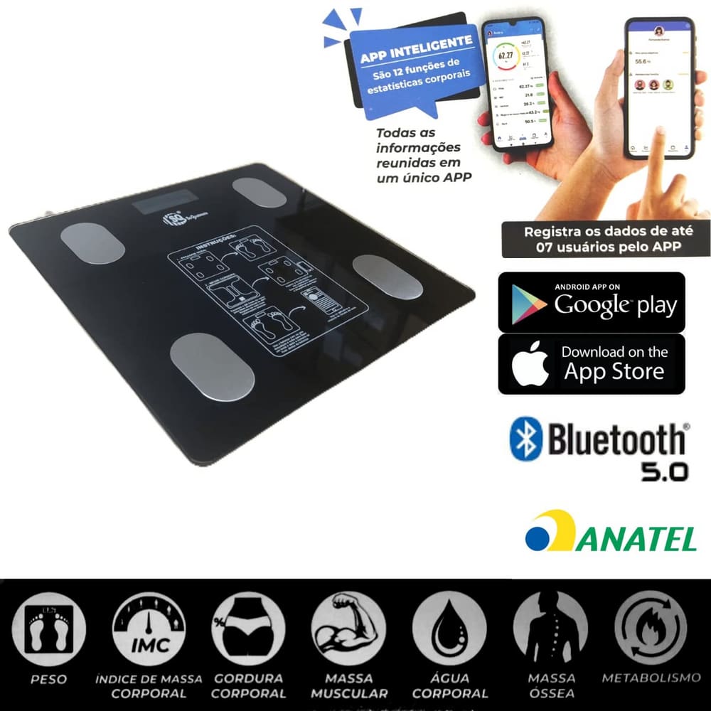 Balança Digital Corporal Bioimpedancia Aplicativo Bluetooth Banheiro