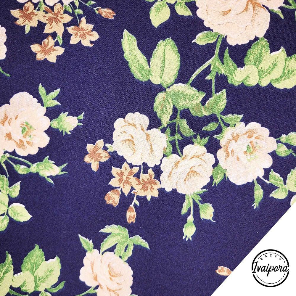 Tecido Tricoline Estampado Floral Diversos - Rosas Grandes Azul Marinho - 50x150cm