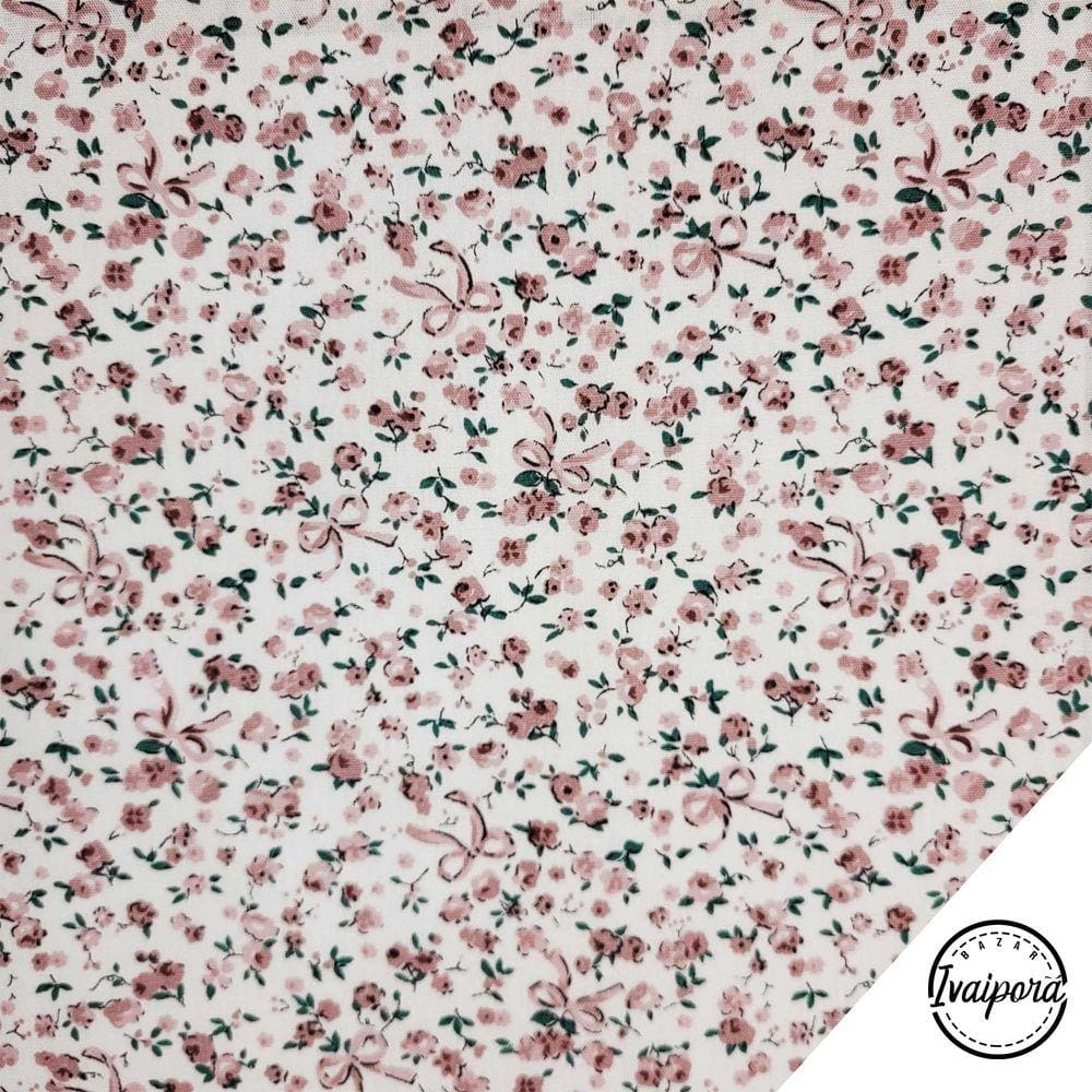 Tecido Tricoline Estampado Floral Diversos - Mini Botões Cappuccino Laços - 50x150cm