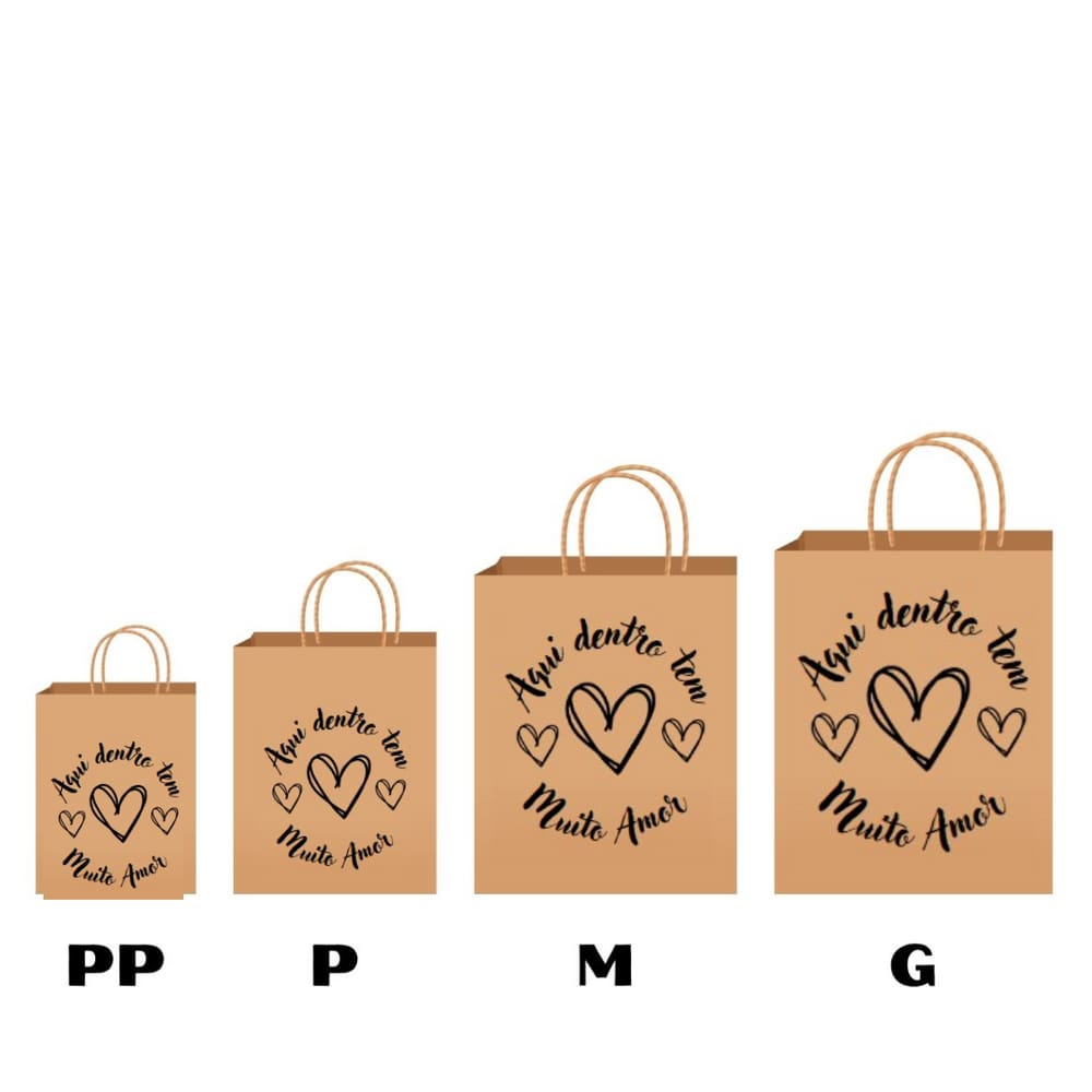 Kit 100 Sacolas Kraft Coração Tamanhos PP/P/M/G 25 Cada