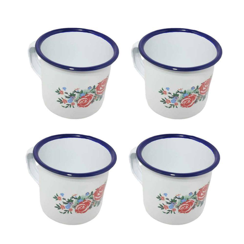4Un Caneca Esmaltada Estampada Branca 650Ml Café Chá