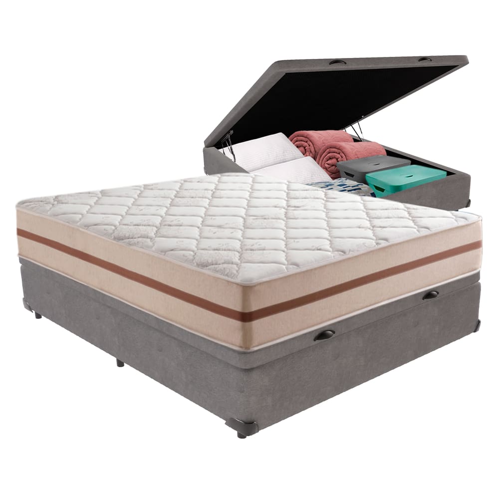 Cama Box com Baú Cinza e Colchão Casal Classic Anjos