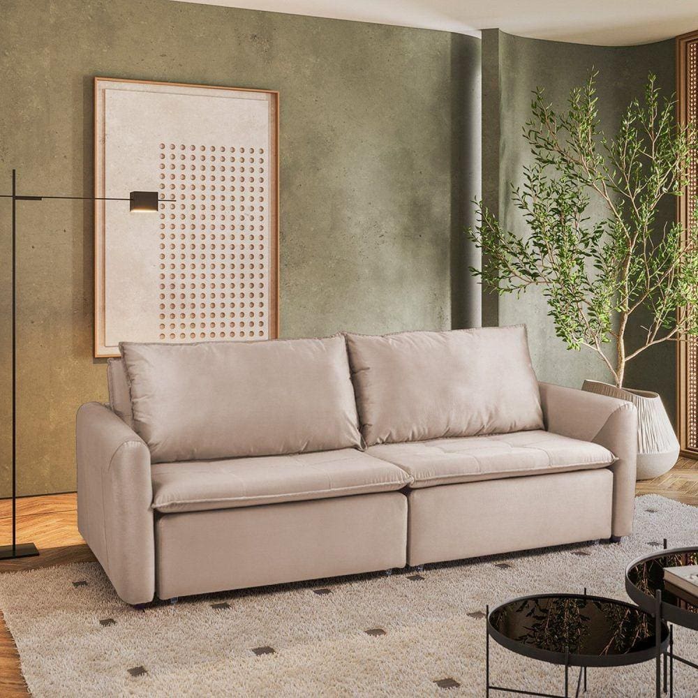 Sofá Cama Retrátil e Reclinável 4 Lugares 225cm em Suede com Molas Greta Yescasa Castor