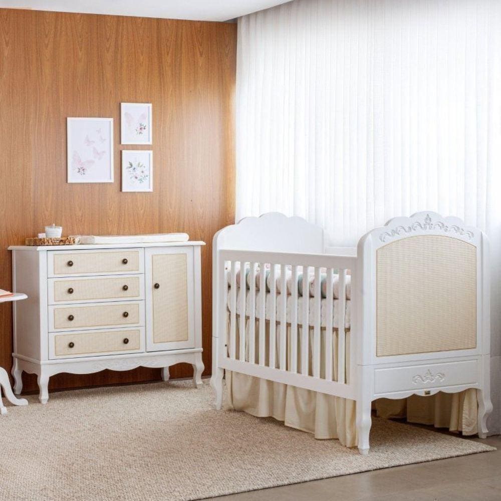 Quarto para Bebê Berço Mini Cama e Cômoda 4 Gavetas Versailles Plus Branco