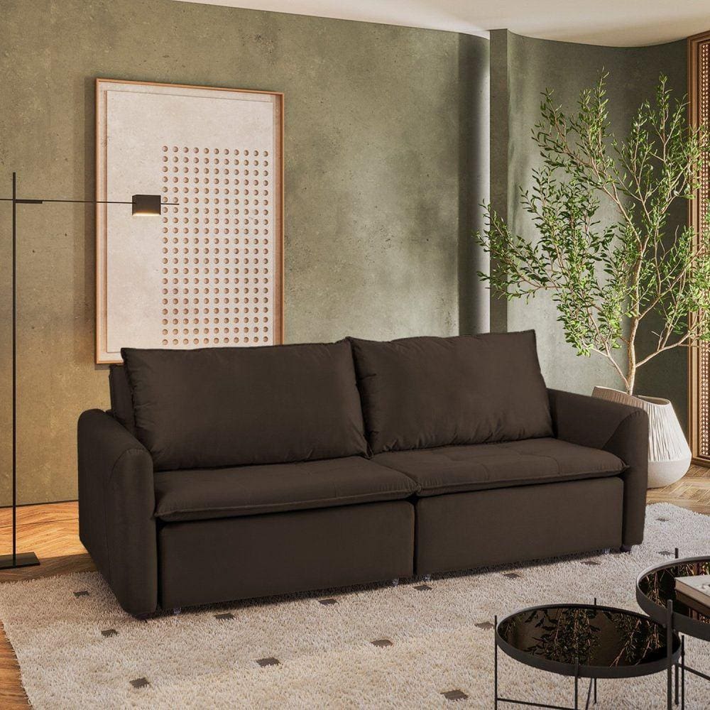 Sofá Cama Retrátil e Reclinável 4 Lugares 225cm em Suede com Molas Greta Yescasa Marrom