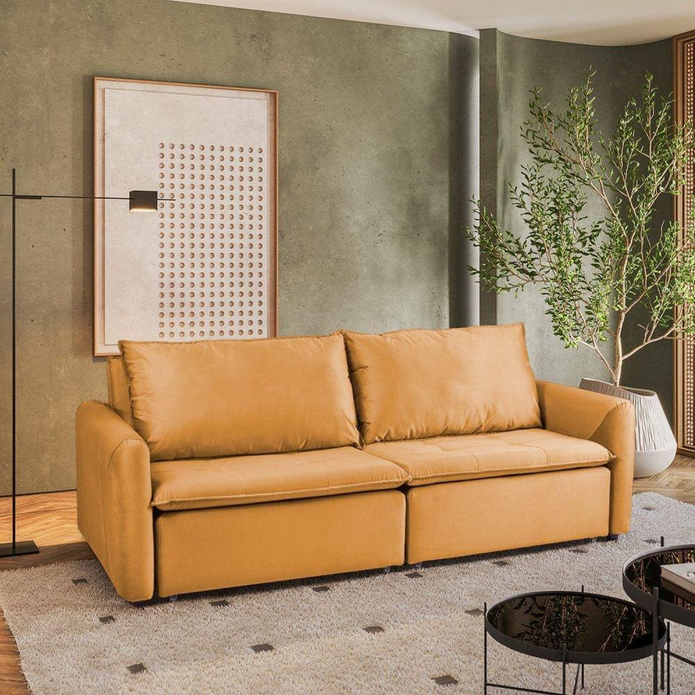 Sofá Cama Retrátil e Reclinável 4 Lugares 225cm em Veludo com Molas Greta Yescasa Amarelo