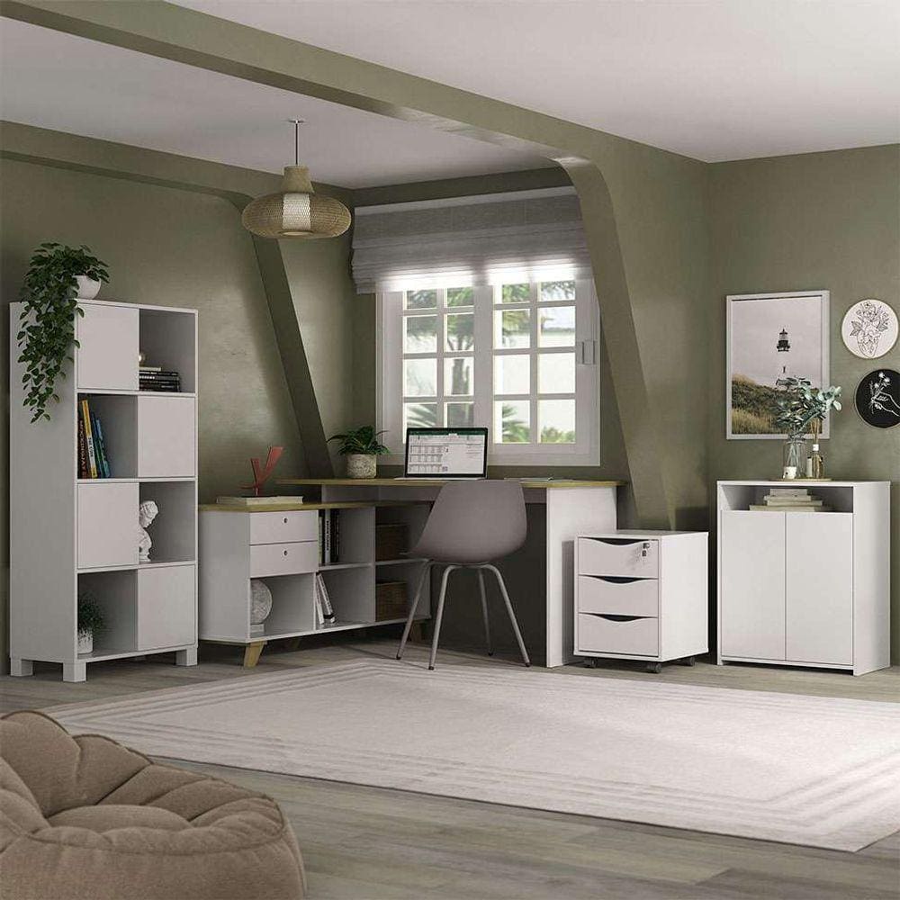 conjunto de escrivaninha com gaveteiro, estante e armário de escritório wally gold cool 6 pt 5 gv branco e olmo