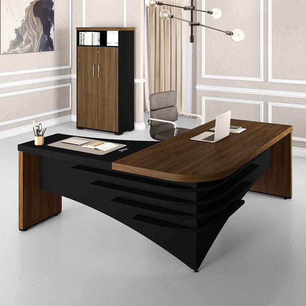 conjunto de mesa com armário de escritório executiva 2 pt marrom e preto